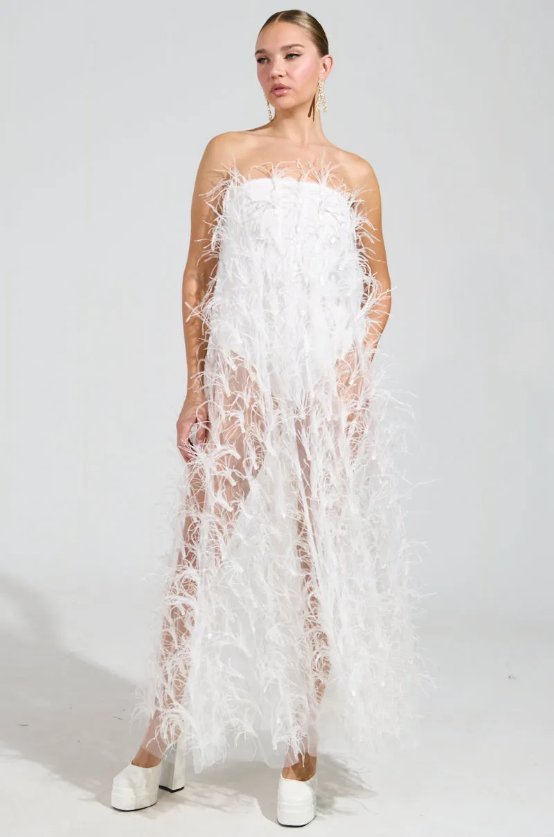 ONE OF A KIND FEATHER MAXI DRESS