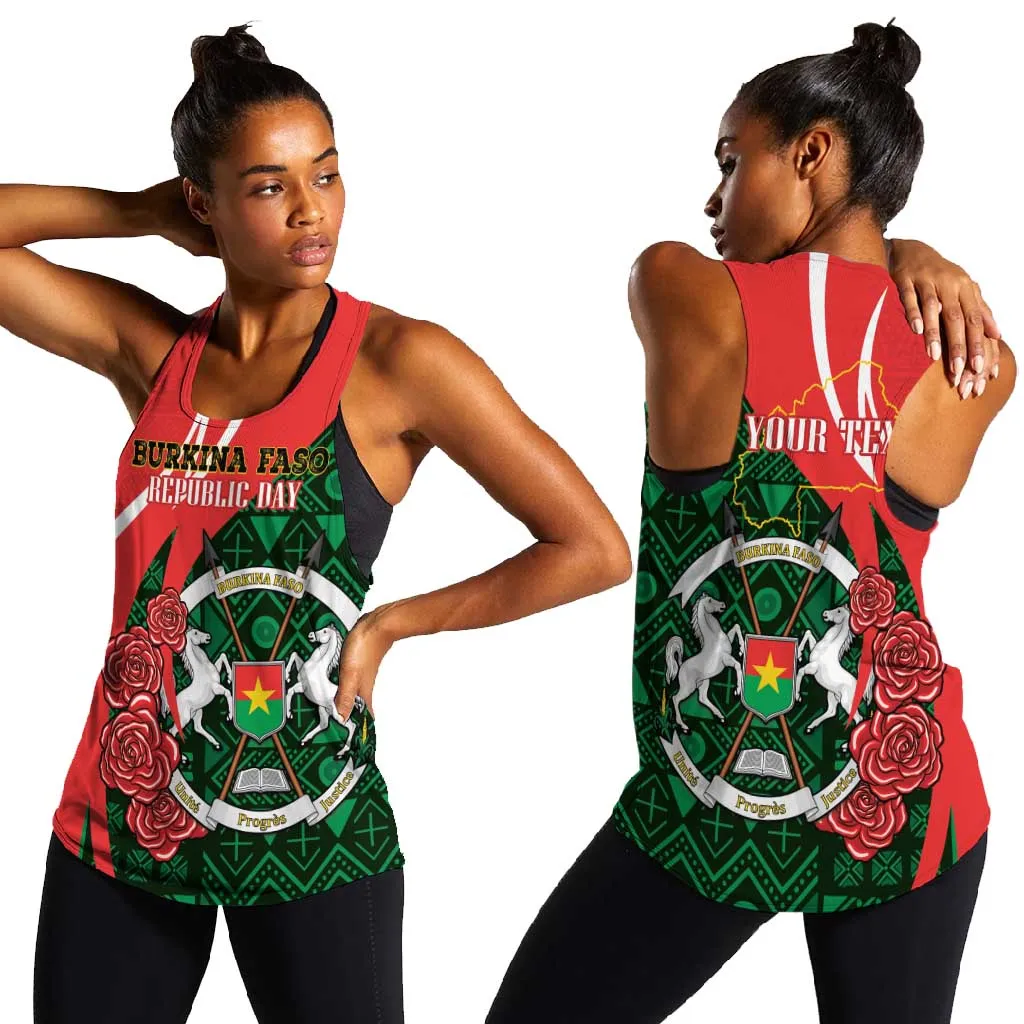 Personalized Burkina Faso Republic Day Women Racerback Tank Bogolan Mudcloth - Coat Of Arms Design LT14