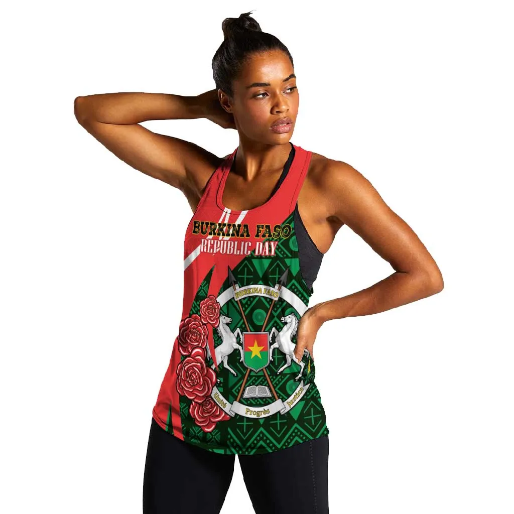 Personalized Burkina Faso Republic Day Women Racerback Tank Bogolan Mudcloth - Coat Of Arms Design LT14