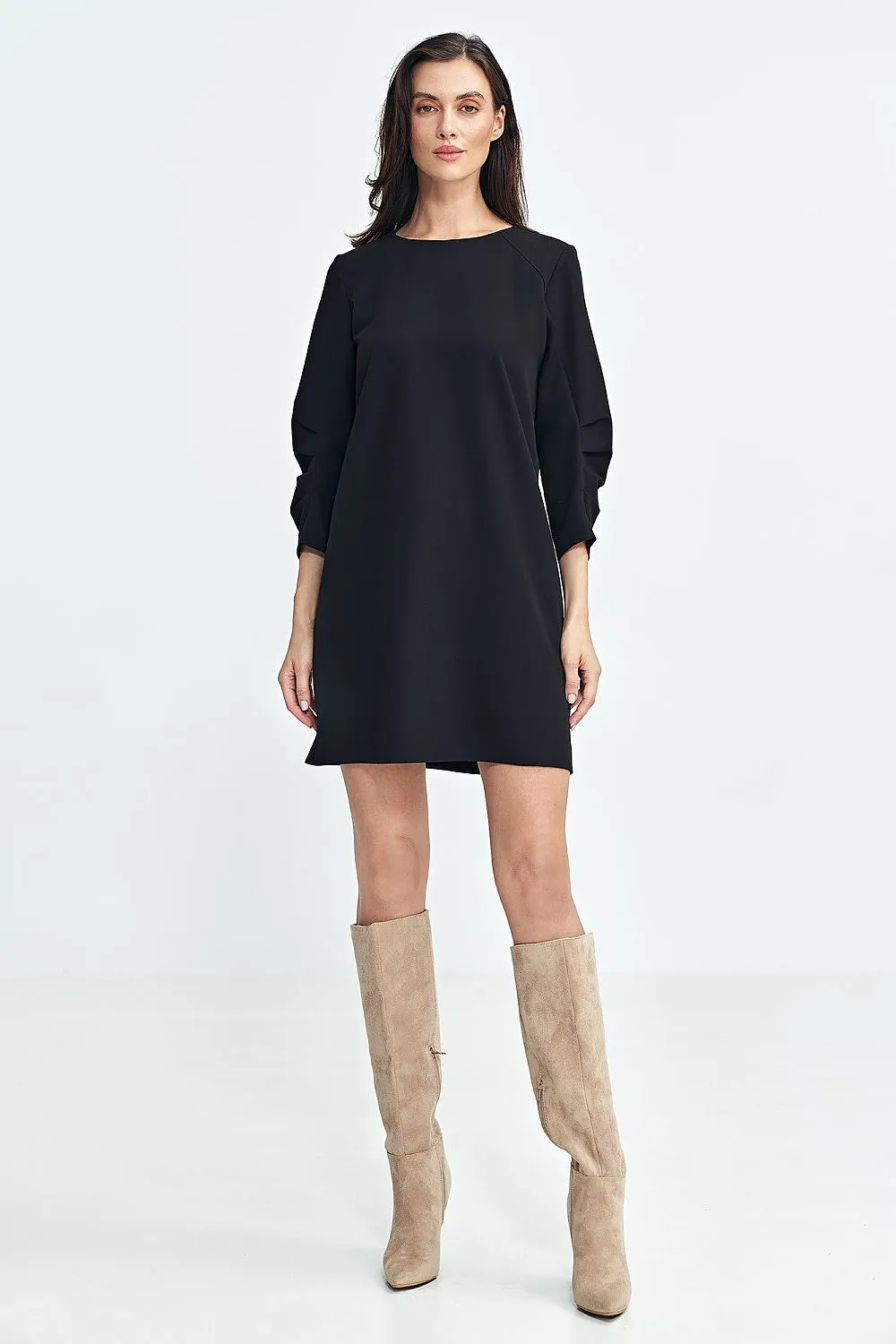 Pleated Sleeve A-Line Dress