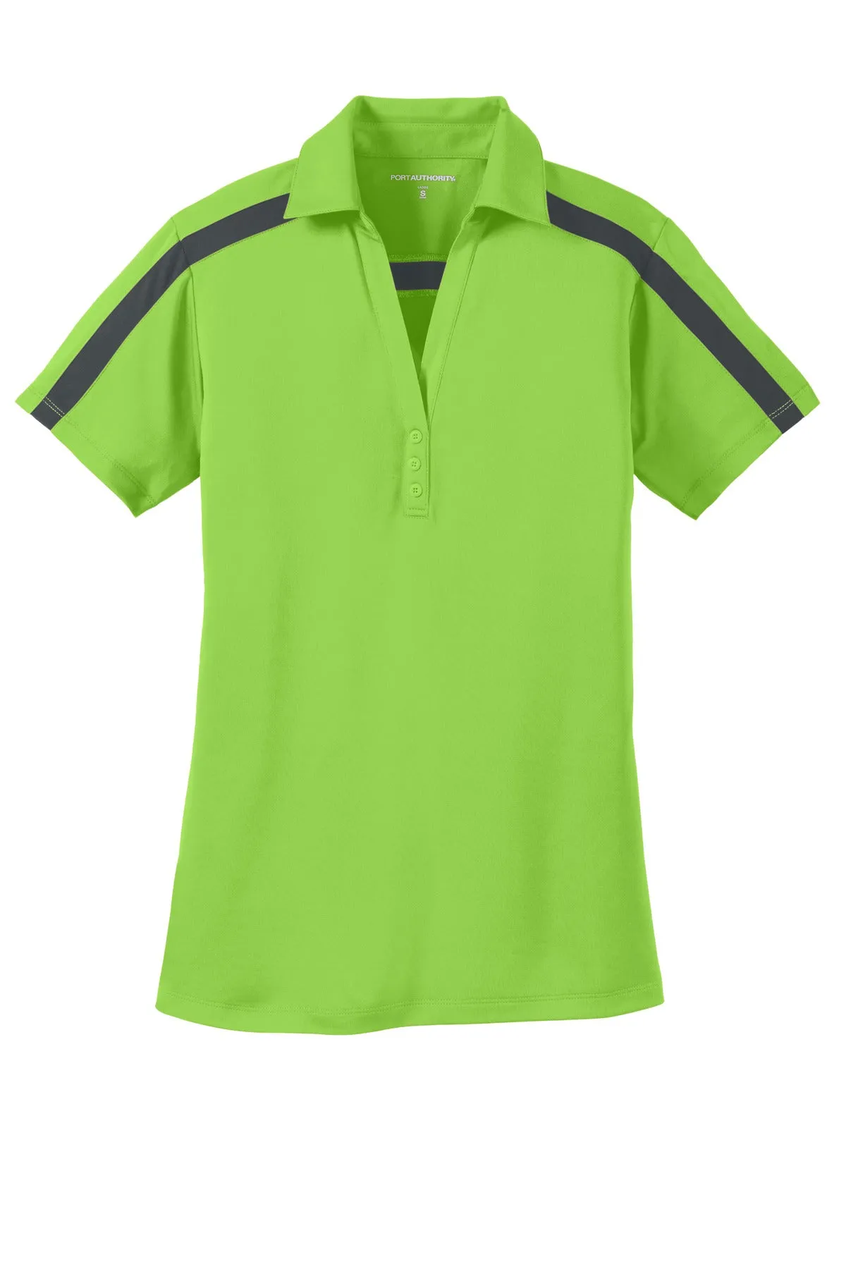 Port Authority Women's Silk Touch Performance Colorblock Stripe Polo. L547 Lime/ Steel Grey