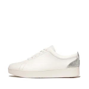 Rally Crystal-Backtab Leather Trainers in White