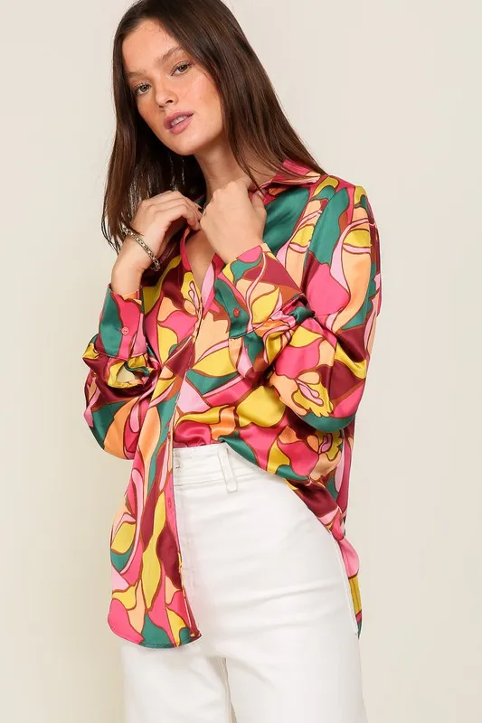 Retro Print Satin Blouse (Various Colors), Timing