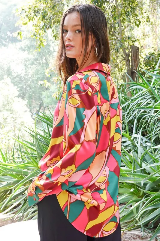 Retro Print Satin Blouse (Various Colors), Timing