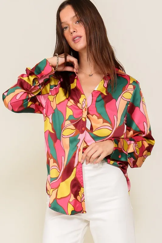 Retro Print Satin Blouse (Various Colors), Timing