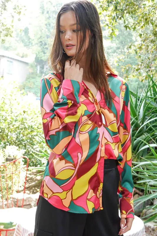 Retro Print Satin Blouse (Various Colors), Timing