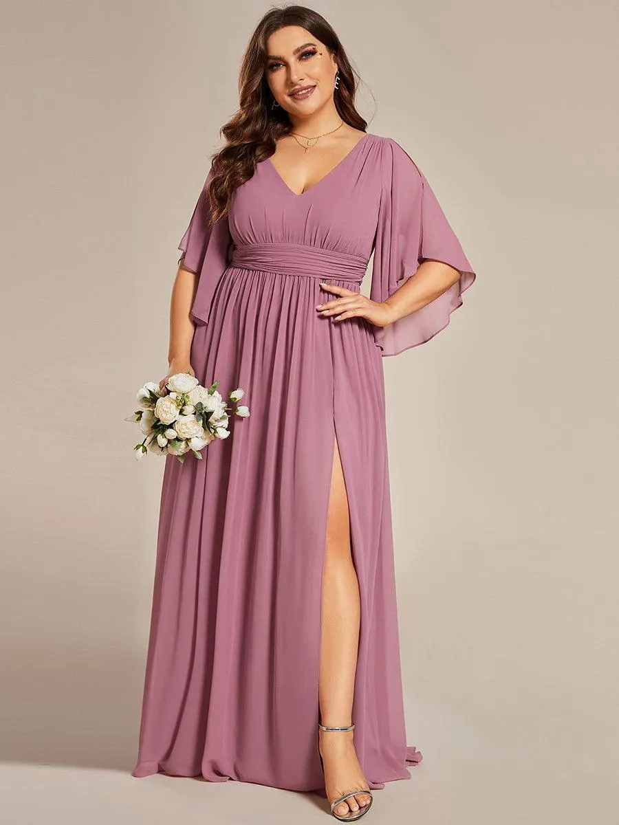 Robe Curvy en mousseline plissée Col V manches mi-longues