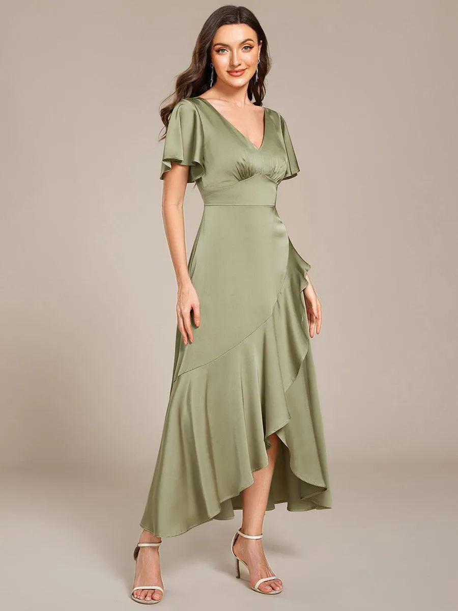 Robe de demoiselle d'honneur élégante en satin à volants et coupe trapèze