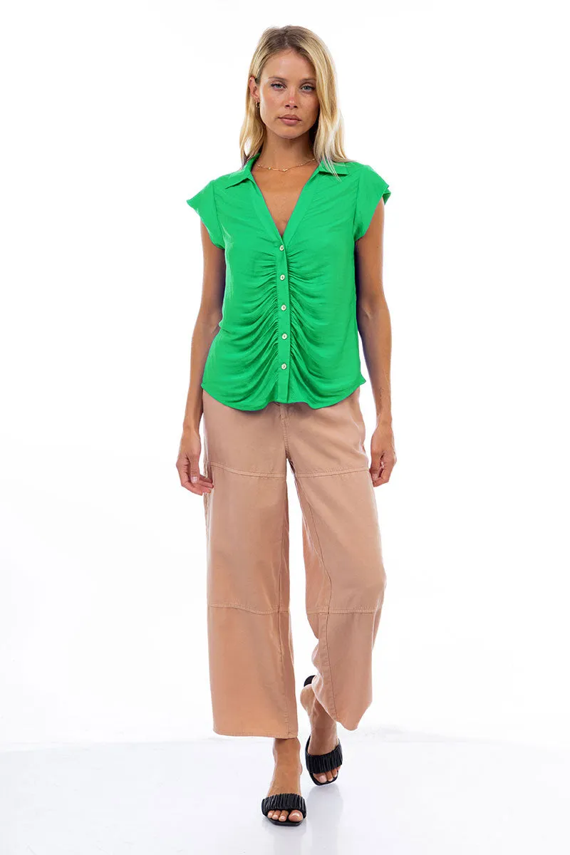 Ruched Button Down Cap Sleeve Blouse