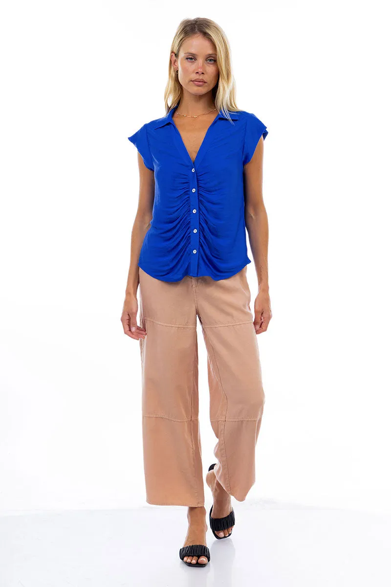 Ruched Button Down Cap Sleeve Blouse