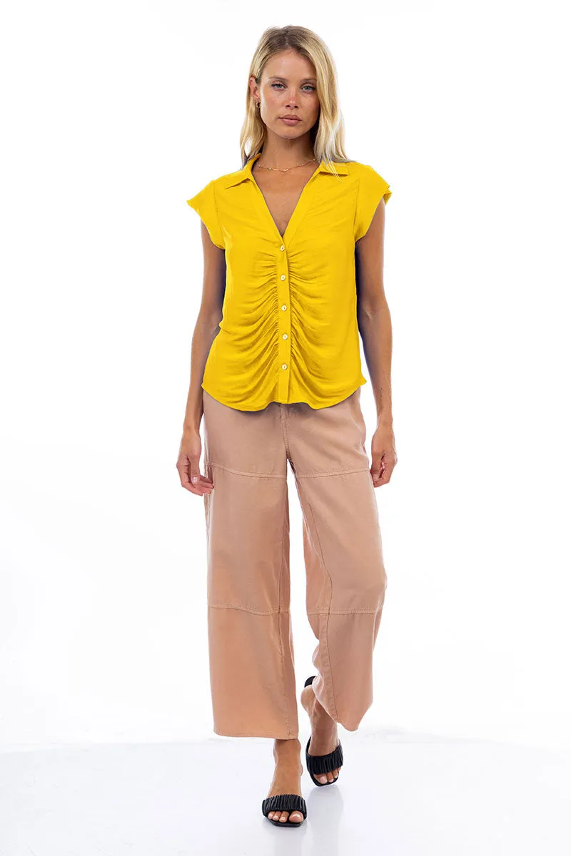 Ruched Button Down Cap Sleeve Blouse