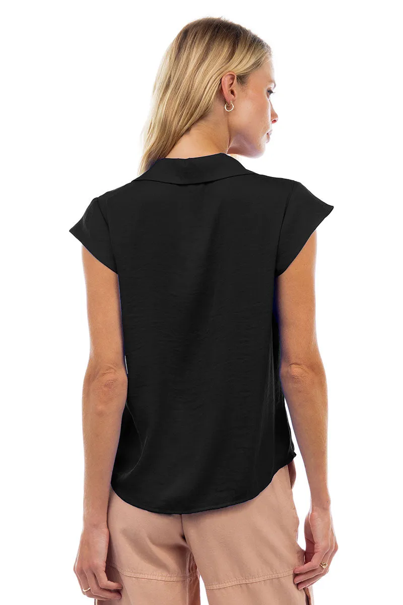 Ruched Button Down Cap Sleeve Blouse
