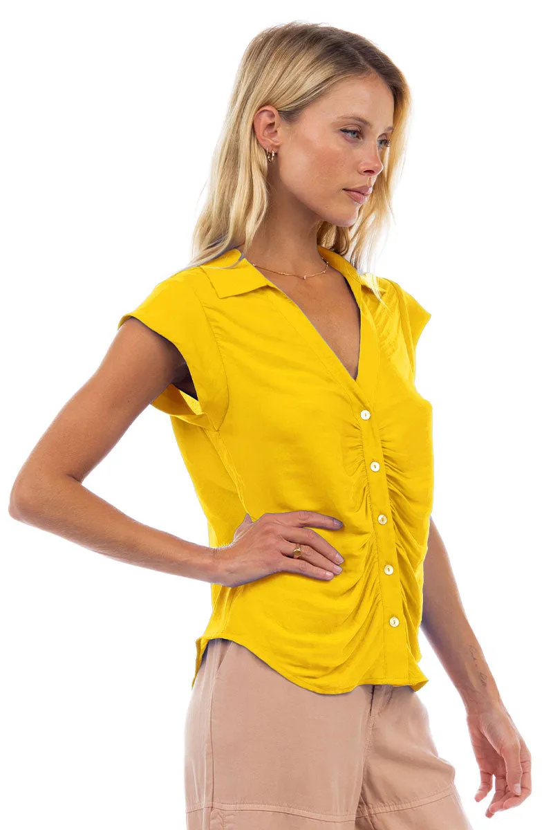 Ruched Button Down Cap Sleeve Blouse