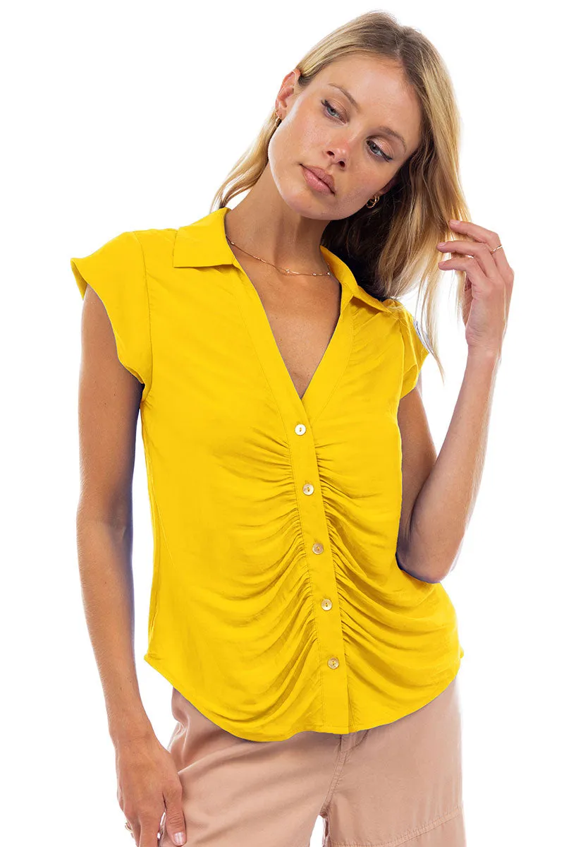 Ruched Button Down Cap Sleeve Blouse