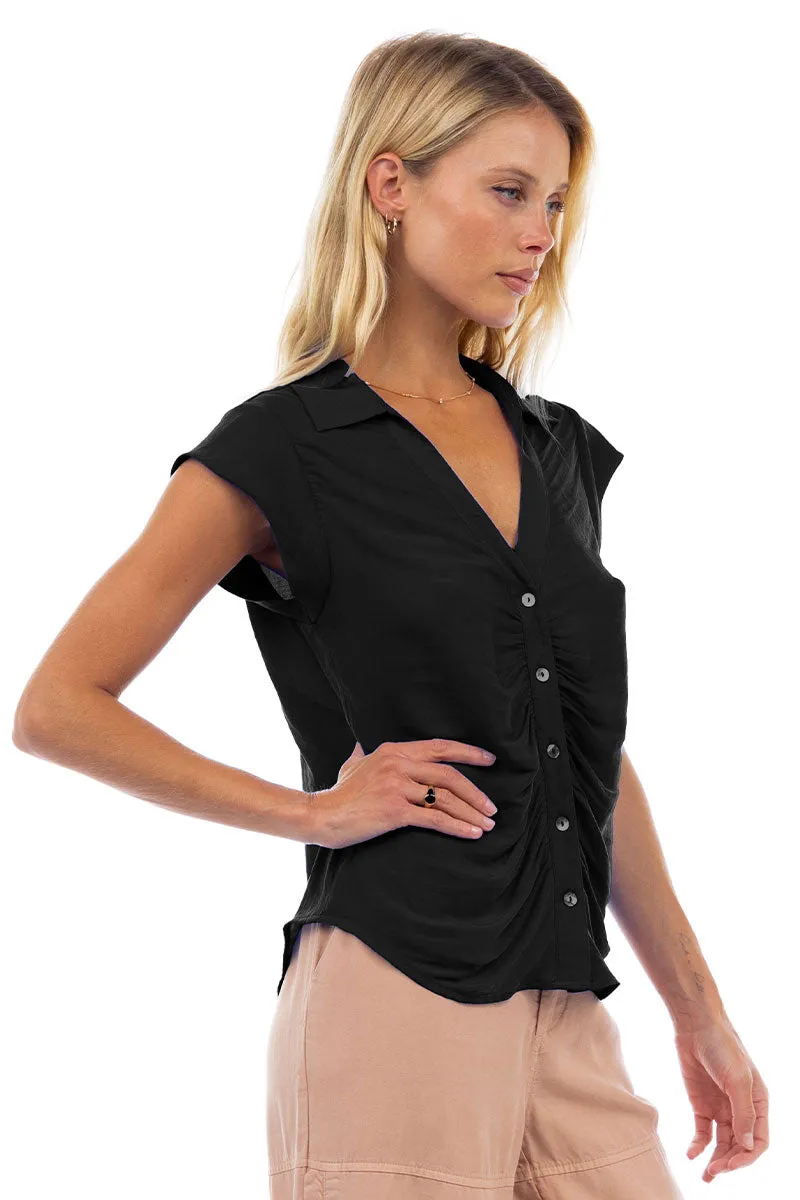 Ruched Button Down Cap Sleeve Blouse
