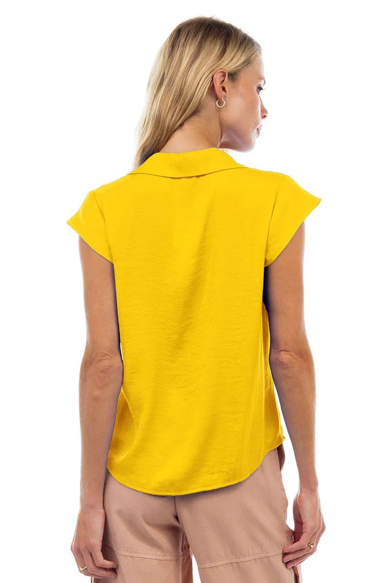 Ruched Button Down Cap Sleeve Blouse
