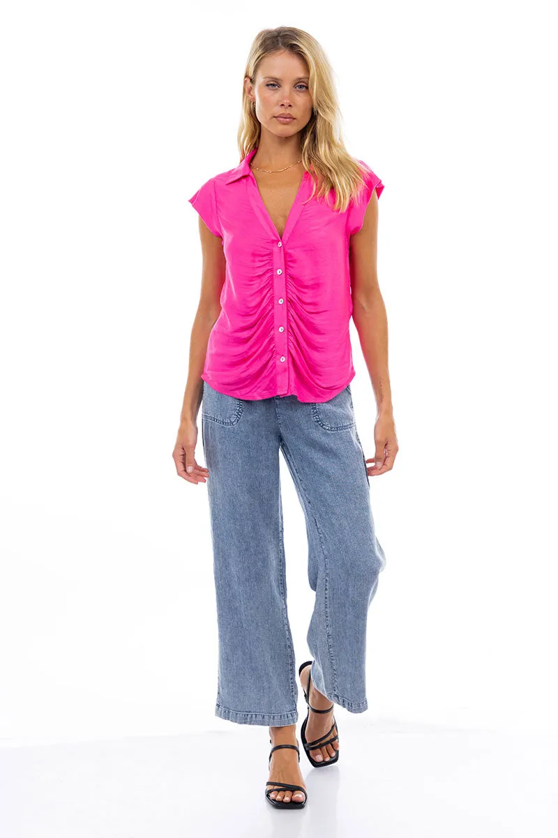 Ruched Button Down Cap Sleeve Blouse
