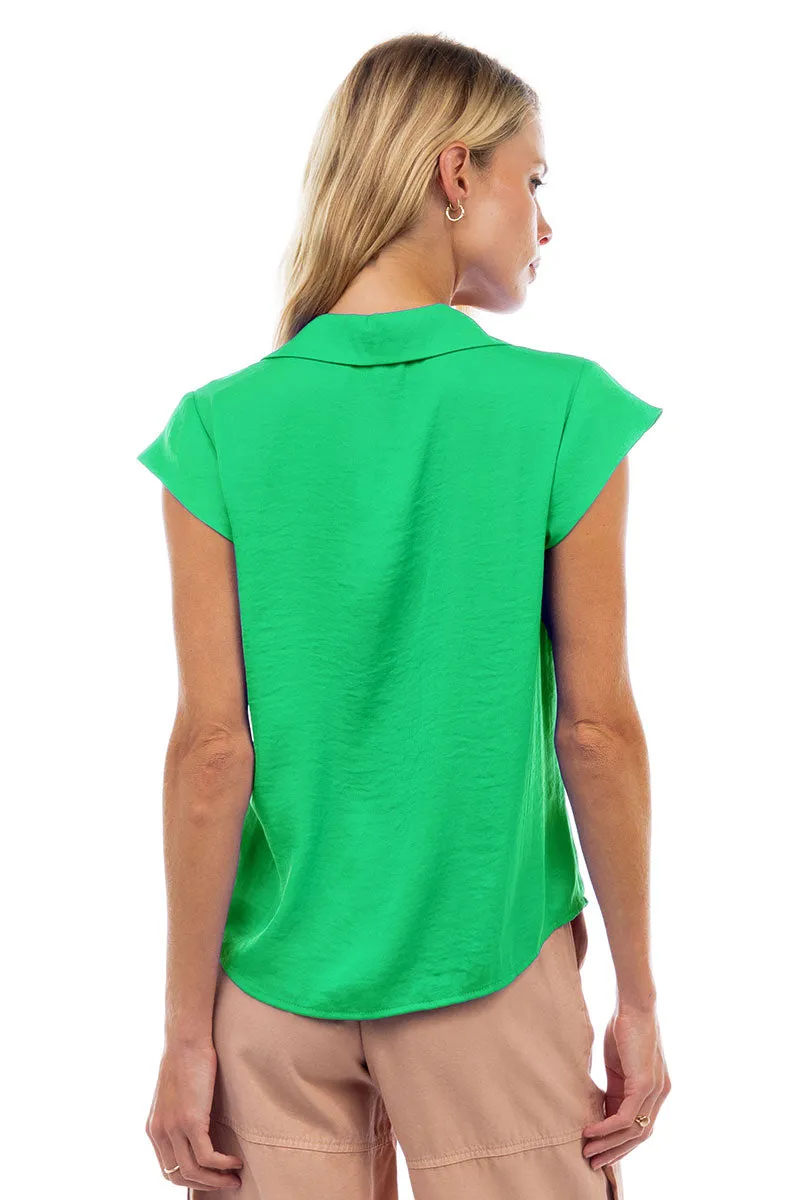 Ruched Button Down Cap Sleeve Blouse