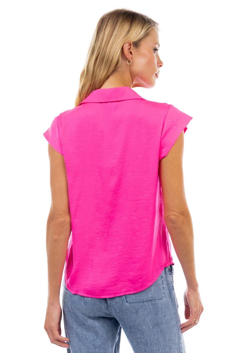 Ruched Button Down Cap Sleeve Blouse