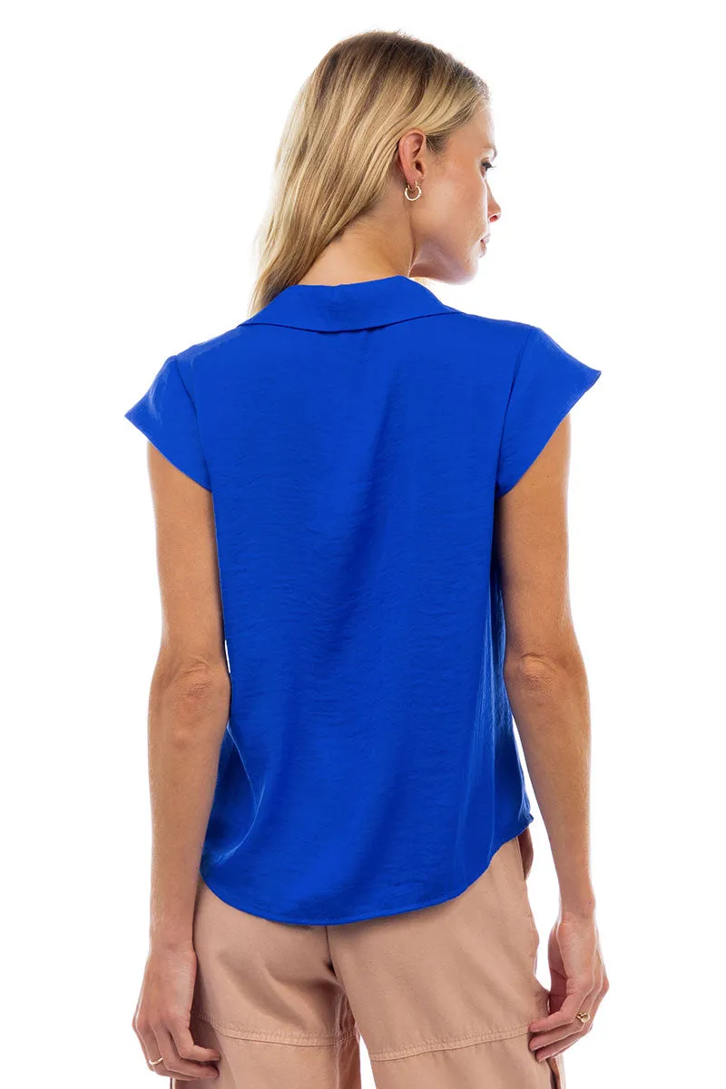 Ruched Button Down Cap Sleeve Blouse