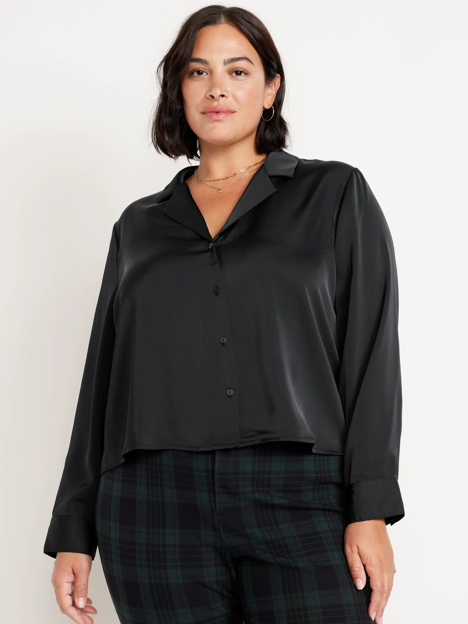Satin Cropped Button-Down Shirt