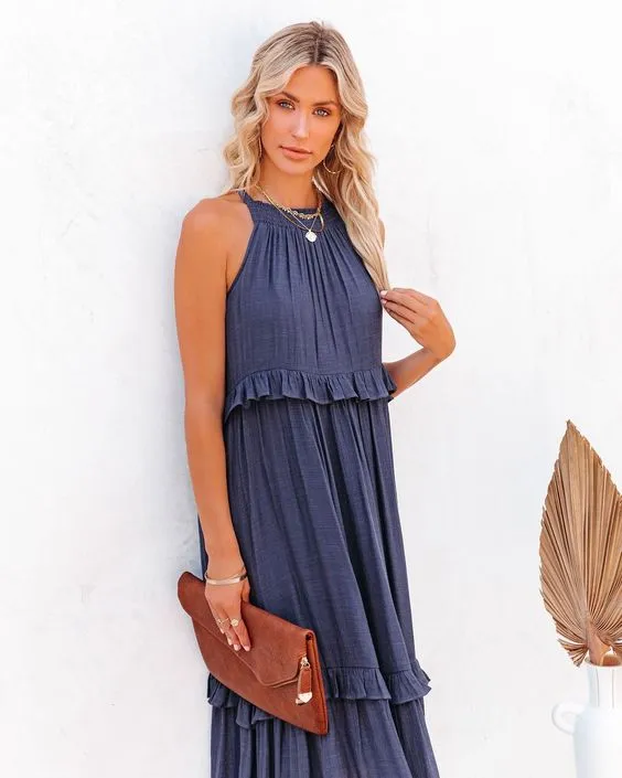 Sexy Blue Ruffled Halter Neck Sleeveless Maxi Dress Casual Women Summer Clothes Streetwear Sundress Vestido De Mujer A1228