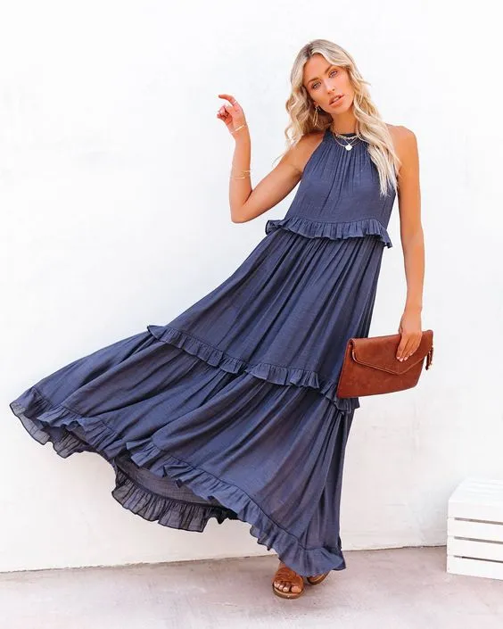 Sexy Blue Ruffled Halter Neck Sleeveless Maxi Dress Casual Women Summer Clothes Streetwear Sundress Vestido De Mujer A1228