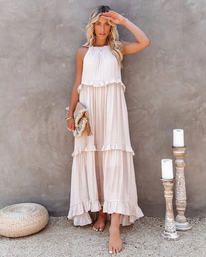 Sexy Blue Ruffled Halter Neck Sleeveless Maxi Dress Casual Women Summer Clothes Streetwear Sundress Vestido De Mujer A1228