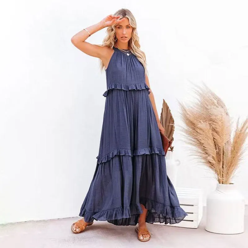 Sexy Blue Ruffled Halter Neck Sleeveless Maxi Dress Casual Women Summer Clothes Streetwear Sundress Vestido De Mujer A1228