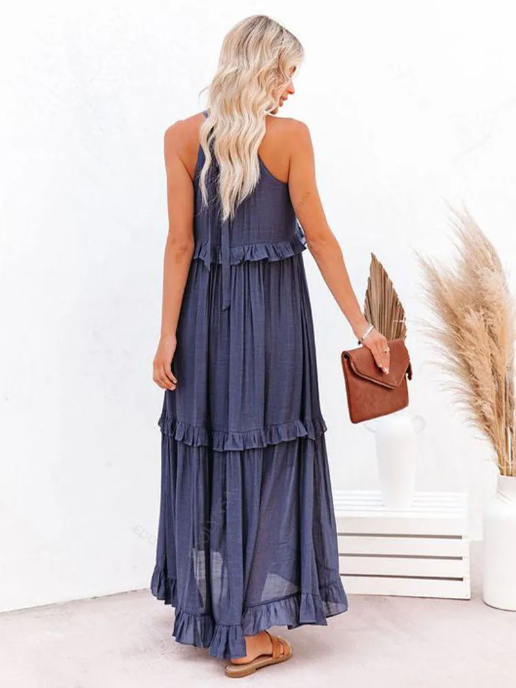Sexy Blue Ruffled Halter Neck Sleeveless Maxi Dress Casual Women Summer Clothes Streetwear Sundress Vestido De Mujer A1228