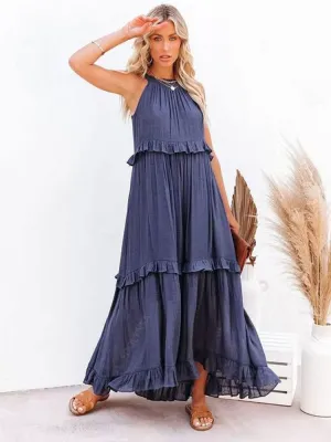 Sexy Blue Ruffled Halter Neck Sleeveless Maxi Dress Casual Women Summer Clothes Streetwear Sundress Vestido De Mujer A1228