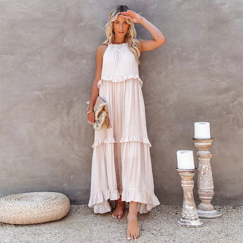 Sexy Blue Ruffled Halter Neck Sleeveless Maxi Dress Casual Women Summer Clothes Streetwear Sundress Vestido De Mujer A1228