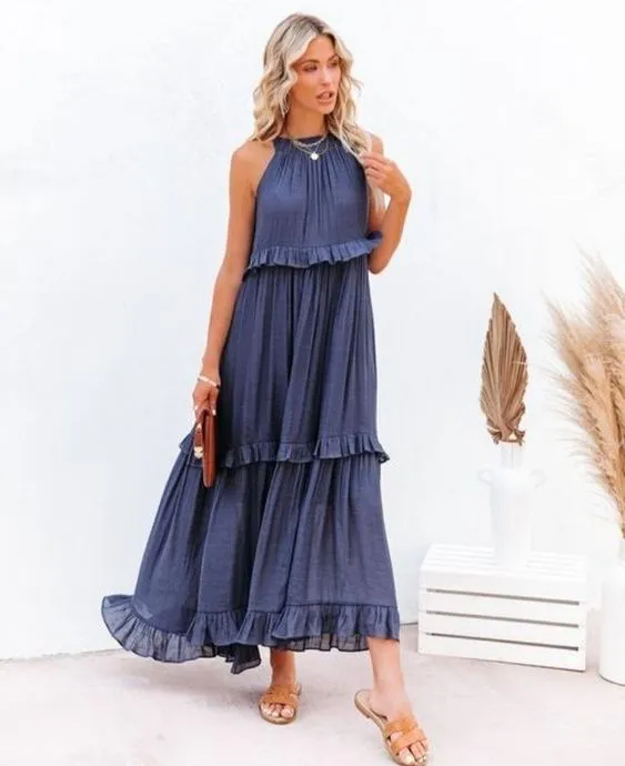 Sexy Blue Ruffled Halter Neck Sleeveless Maxi Dress Casual Women Summer Clothes Streetwear Sundress Vestido De Mujer A1228
