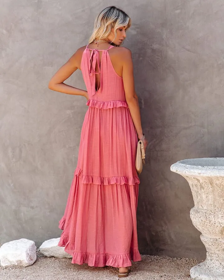 Sexy Blue Ruffled Halter Neck Sleeveless Maxi Dress Casual Women Summer Clothes Streetwear Sundress Vestido De Mujer A1228