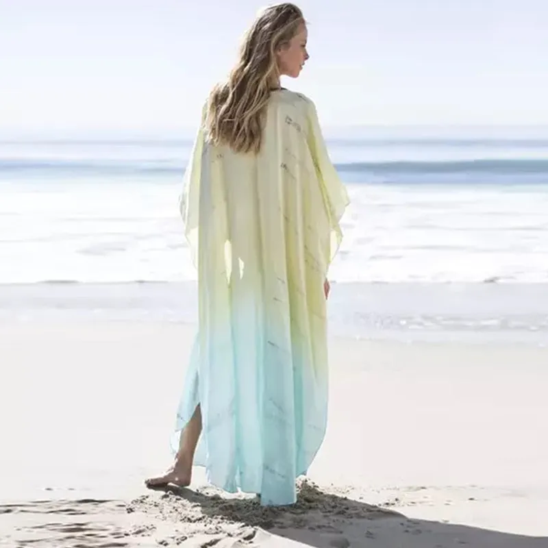 Sexy Gradient Deep V-Neck Tassel Batwing Sleeve Chiffon Plus Size Summer Maxi Dress For Women Casual Party Dresses A1001
