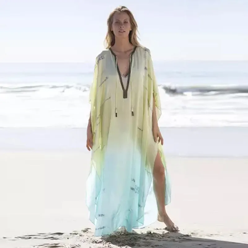 Sexy Gradient Deep V-Neck Tassel Batwing Sleeve Chiffon Plus Size Summer Maxi Dress For Women Casual Party Dresses A1001