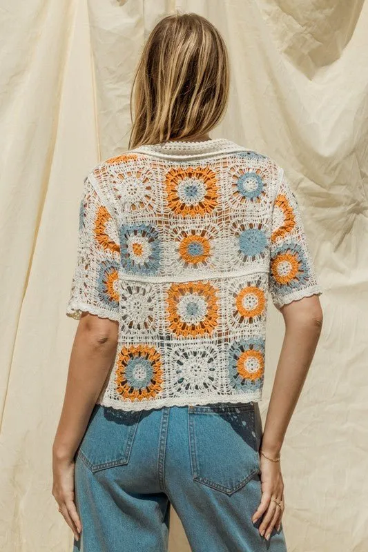 Short Sleeve Button Down Crochet Top