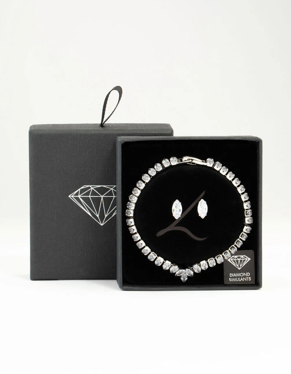 Silver Cubic Zirconia Marquise Tennis Bracelet & Earrings Set