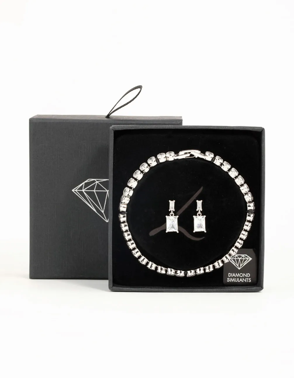 Silver Diamante Rectangle Drop Earrings & Tennis Bracelet Set