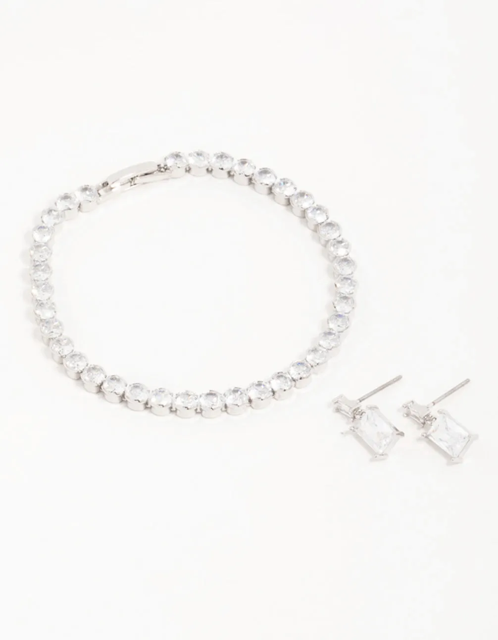 Silver Diamante Rectangle Drop Earrings & Tennis Bracelet Set