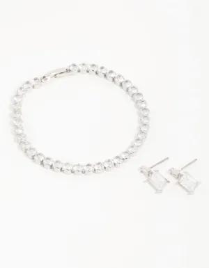 Silver Diamante Rectangle Drop Earrings & Tennis Bracelet Set