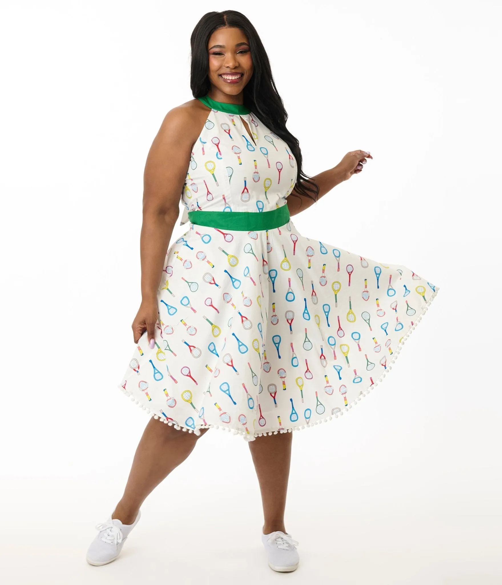 Smak Parlour Plus Size White Tennis Racket Print Cotton Make Me Over Flare Dress