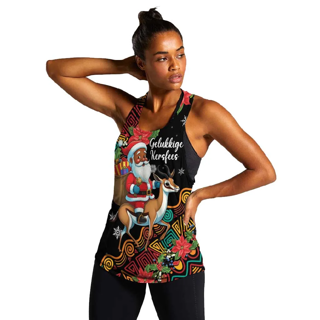 South Africa Gelukkige Kersfees Women Racerback Tank Black Santa Claus Riding Springbok LT01