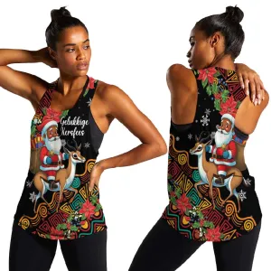 South Africa Gelukkige Kersfees Women Racerback Tank Black Santa Claus Riding Springbok LT01