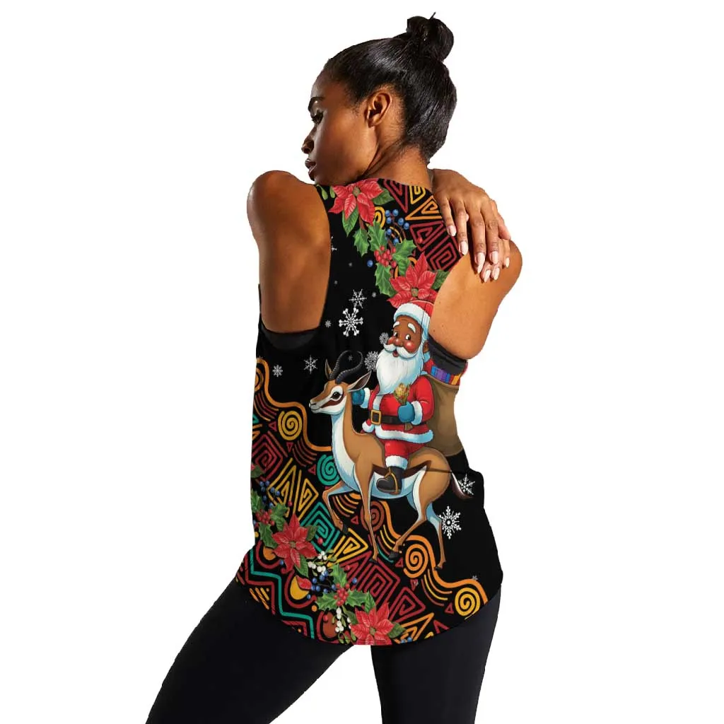 South Africa Gelukkige Kersfees Women Racerback Tank Black Santa Claus Riding Springbok LT01