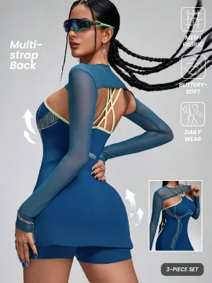 Sport Innovista Women's 3-In-1 Printing High Elastic Active Zipper Long Sleeve Colorblock Sport Dresses,A-Line T-Shirts Dress