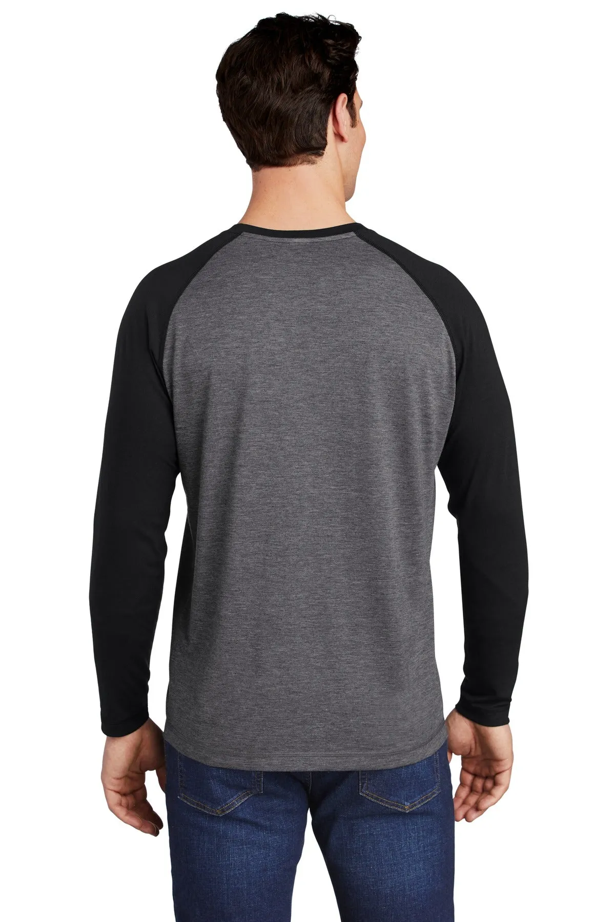 Sport-Tek  PosiCharge  Long Sleeve Tri-Blend Wicking Raglan Tee ST400LS Black Triad Solid/ Dark Grey Heather