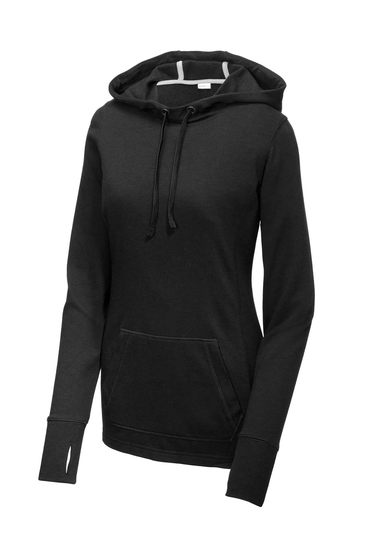 Sport-Tek  Women's PosiCharge  Tri-Blend Wicking Fleece Hooded Pullover. LST296 Black Triad Solid