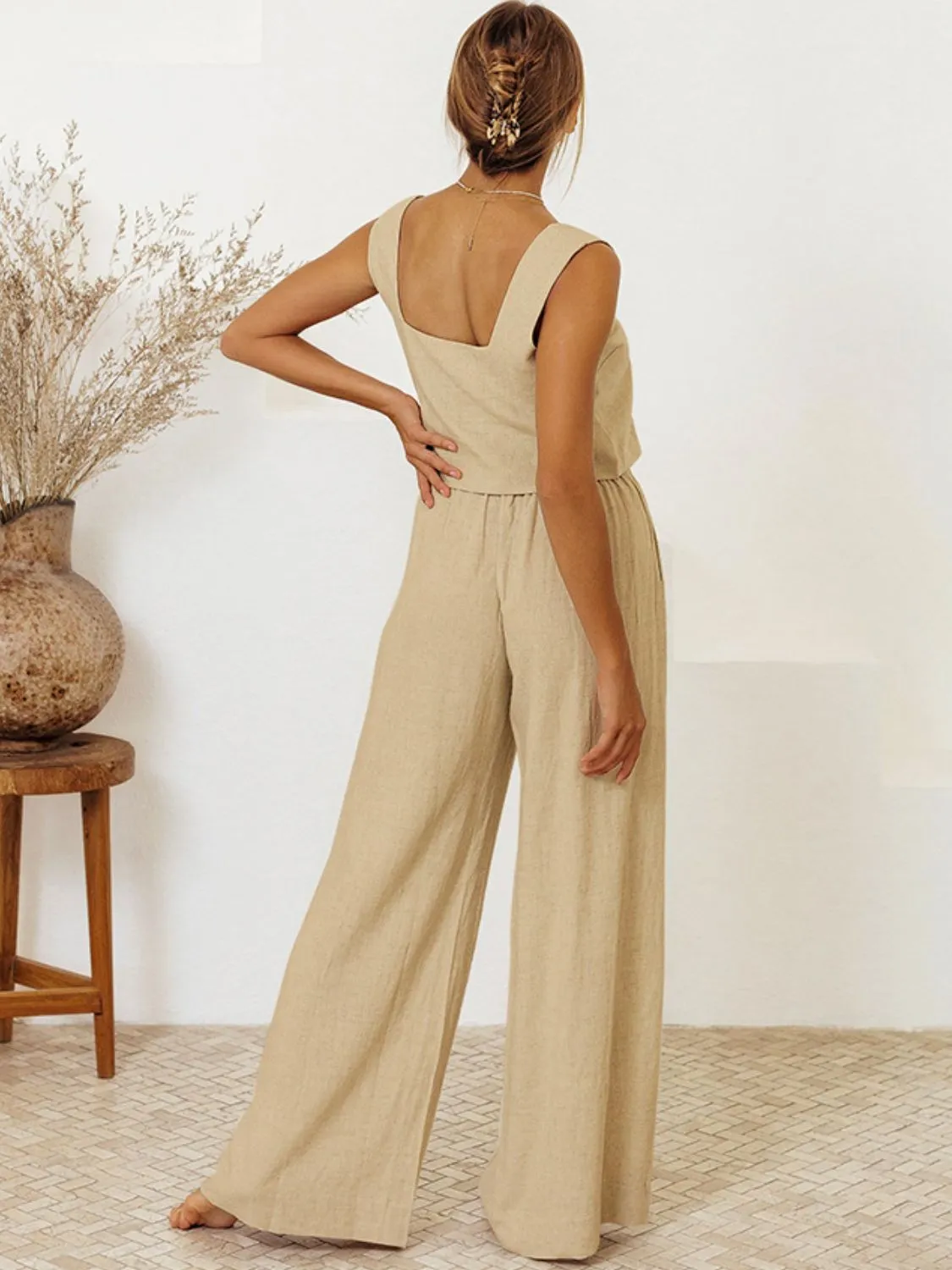 Square Neck Sleeveless Top and Pants Set (3 Colors)