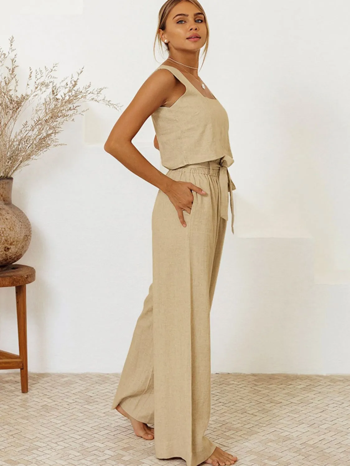 Square Neck Sleeveless Top and Pants Set (3 Colors)